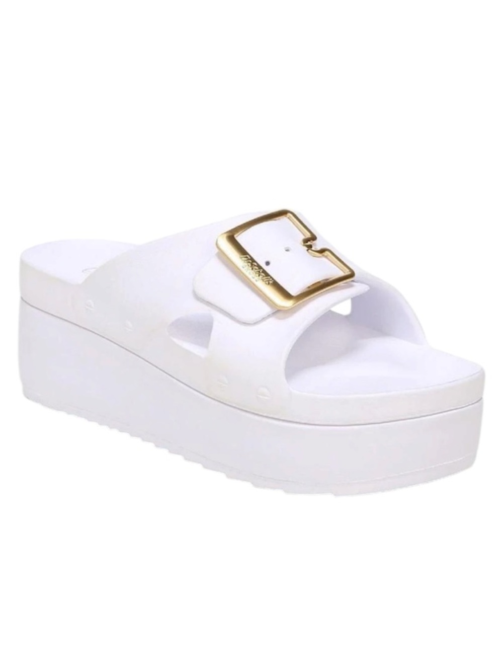 Dr. Scholl's Orig. Goals Buckle Faux Leather Wedge Sandals, White, Size 10, NWOT